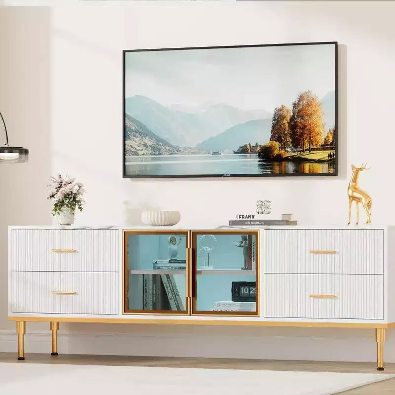 Meuble TV de 65 pouces avec lumières LED, console moderne avec 4 tiroirs, étagères et portes en verre pour téléviseurs de 55 à 75 pouces