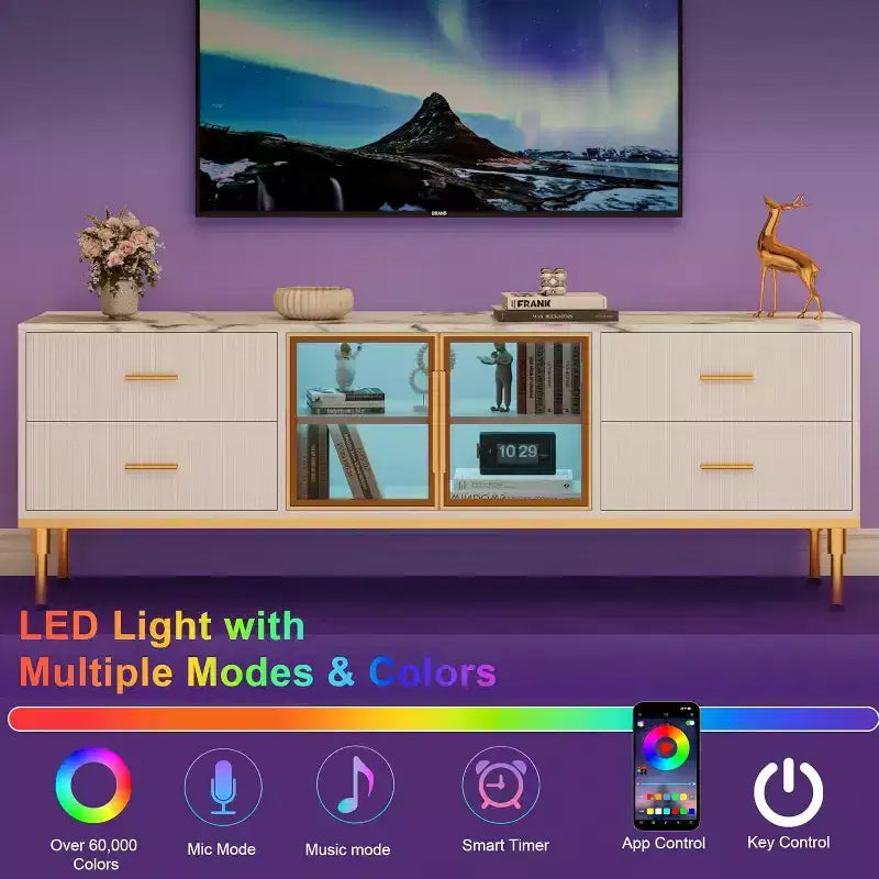 Meuble TV de 65 pouces avec lumières LED, console moderne avec 4 tiroirs, étagères et portes en verre pour téléviseurs de 55 à 75 pouces