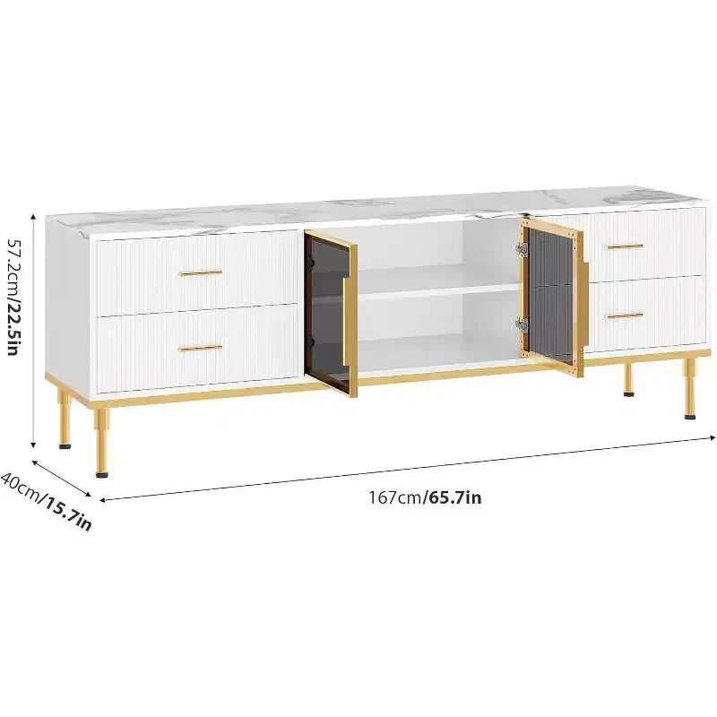 Meuble TV de 65 pouces avec lumières LED, console moderne avec 4 tiroirs, étagères et portes en verre pour téléviseurs de 55 à 75 pouces
