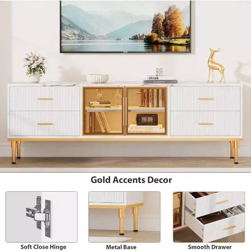Meuble TV de 65 pouces avec lumières LED, console moderne avec 4 tiroirs, étagères et portes en verre pour téléviseurs de 55 à 75 pouces