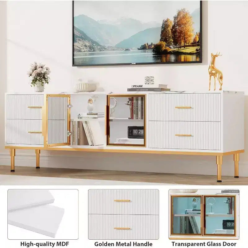 Meuble TV de 65 pouces avec lumières LED, console moderne avec 4 tiroirs, étagères et portes en verre pour téléviseurs de 55 à 75 pouces