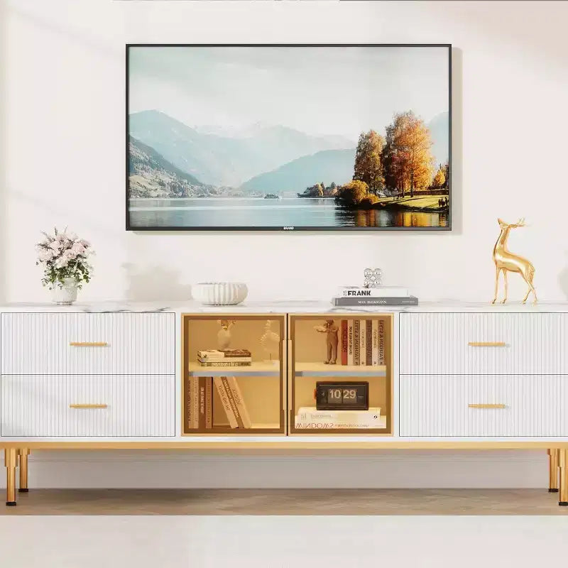 Meuble TV de 65 pouces avec lumières LED, console moderne avec 4 tiroirs, étagères et portes en verre pour téléviseurs de 55 à 75 pouces