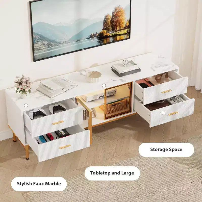 Meuble TV de 65 pouces avec lumières LED, console moderne avec 4 tiroirs, étagères et portes en verre pour téléviseurs de 55 à 75 pouces