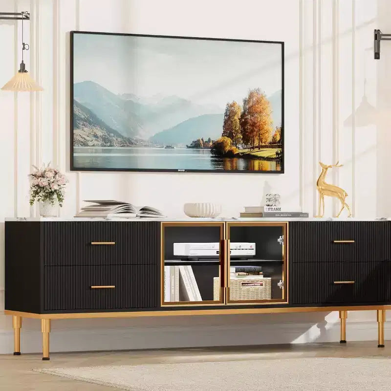 Meuble TV de 65 pouces avec lumières LED, console moderne avec 4 tiroirs, étagères et portes en verre pour téléviseurs de 55 à 75 pouces