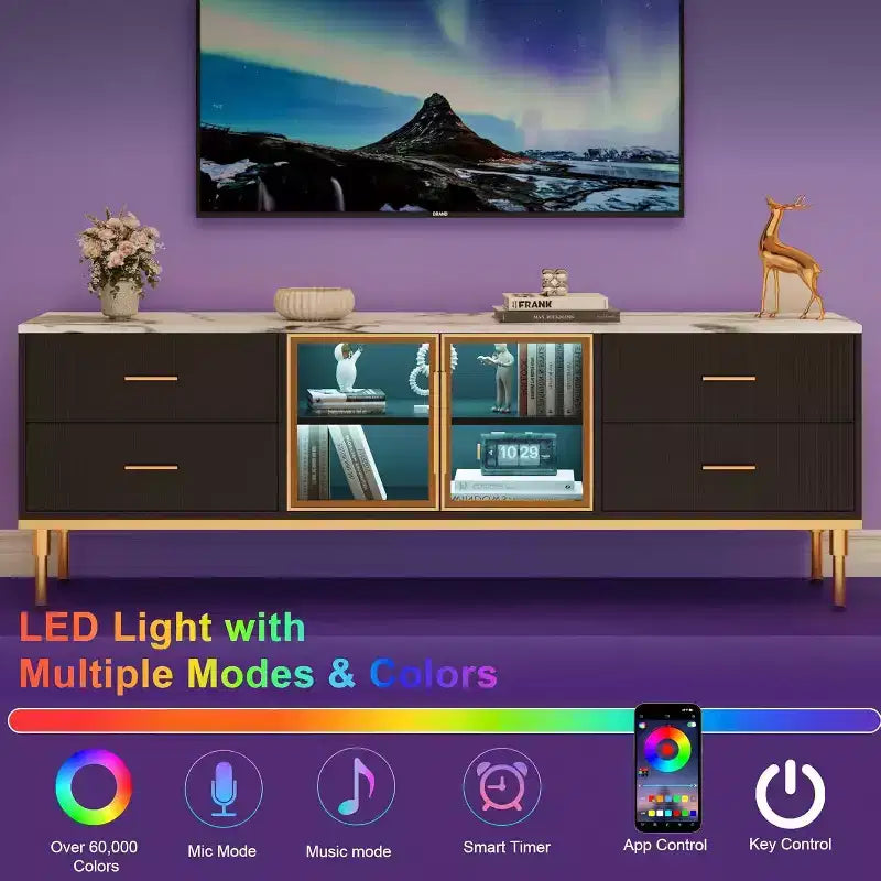 Meuble TV de 65 pouces avec lumières LED, console moderne avec 4 tiroirs, étagères et portes en verre pour téléviseurs de 55 à 75 pouces