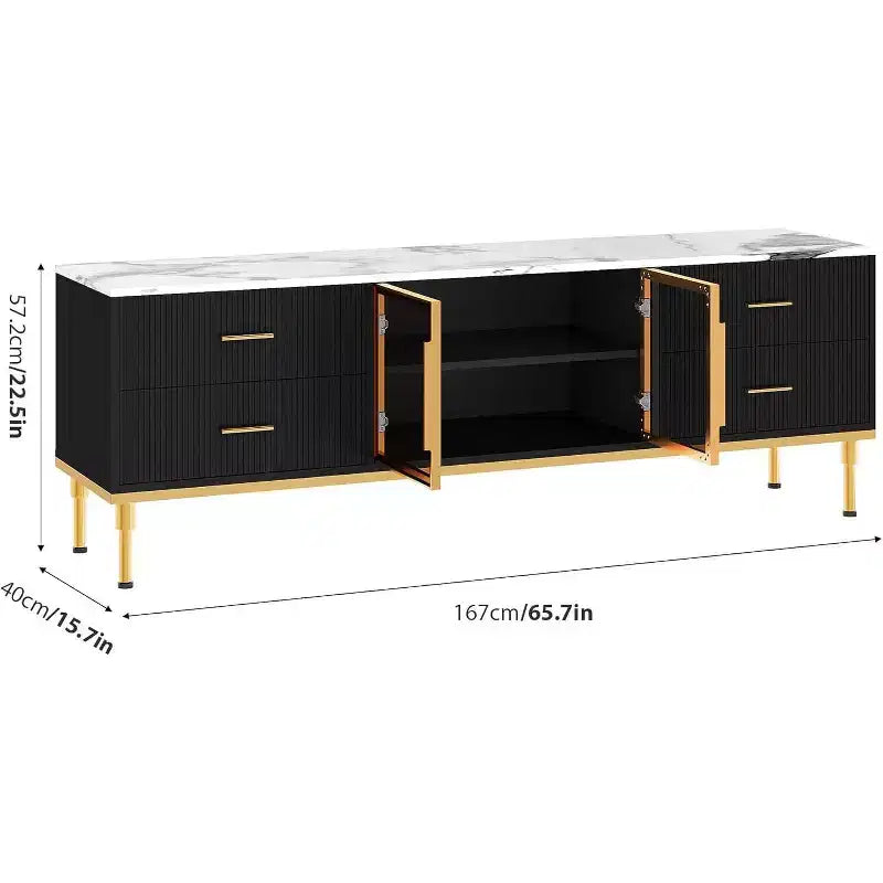 Meuble TV de 65 pouces avec lumières LED, console moderne avec 4 tiroirs, étagères et portes en verre pour téléviseurs de 55 à 75 pouces