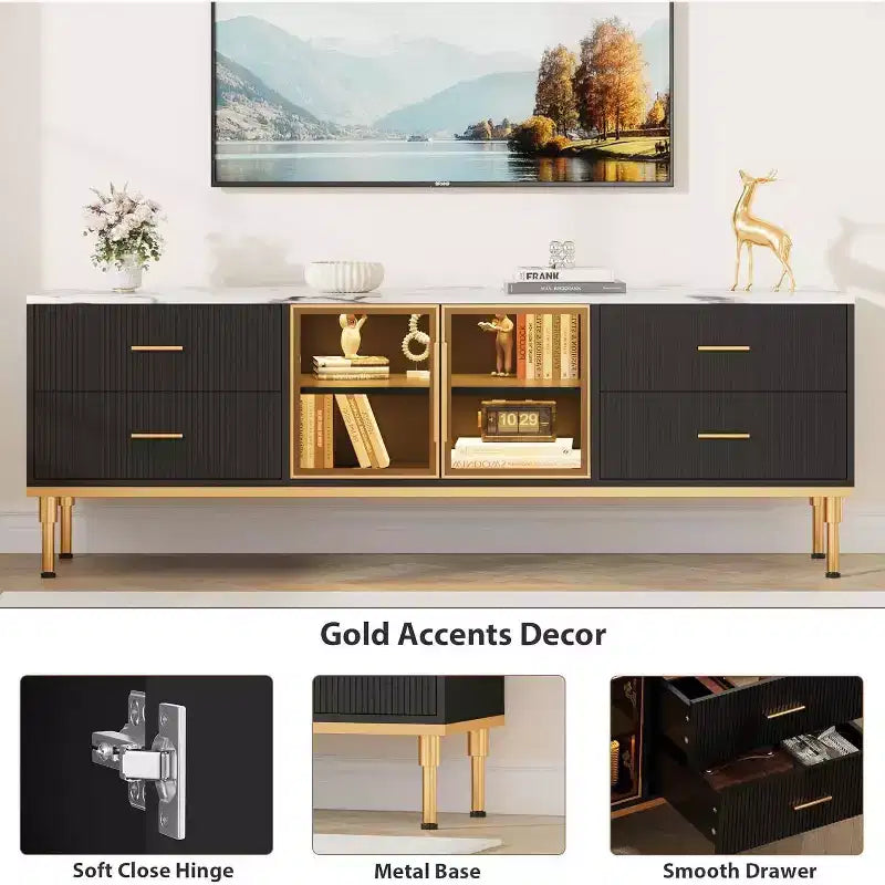 Meuble TV de 65 pouces avec lumières LED, console moderne avec 4 tiroirs, étagères et portes en verre pour téléviseurs de 55 à 75 pouces