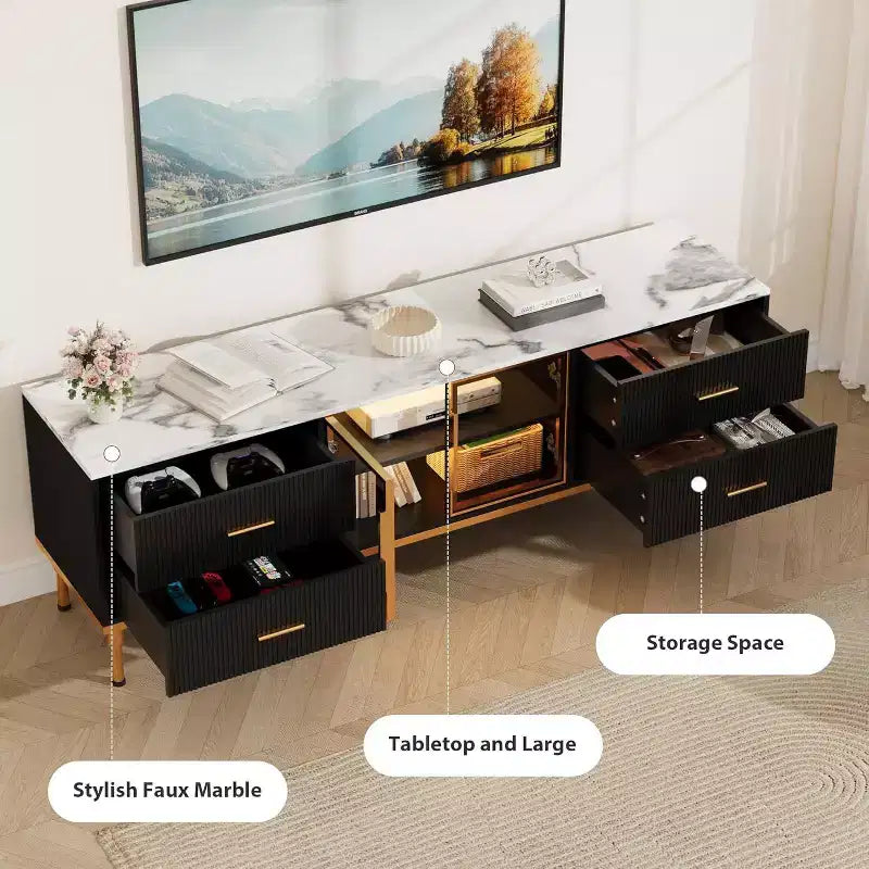 Meuble TV de 65 pouces avec lumières LED, console moderne avec 4 tiroirs, étagères et portes en verre pour téléviseurs de 55 à 75 pouces