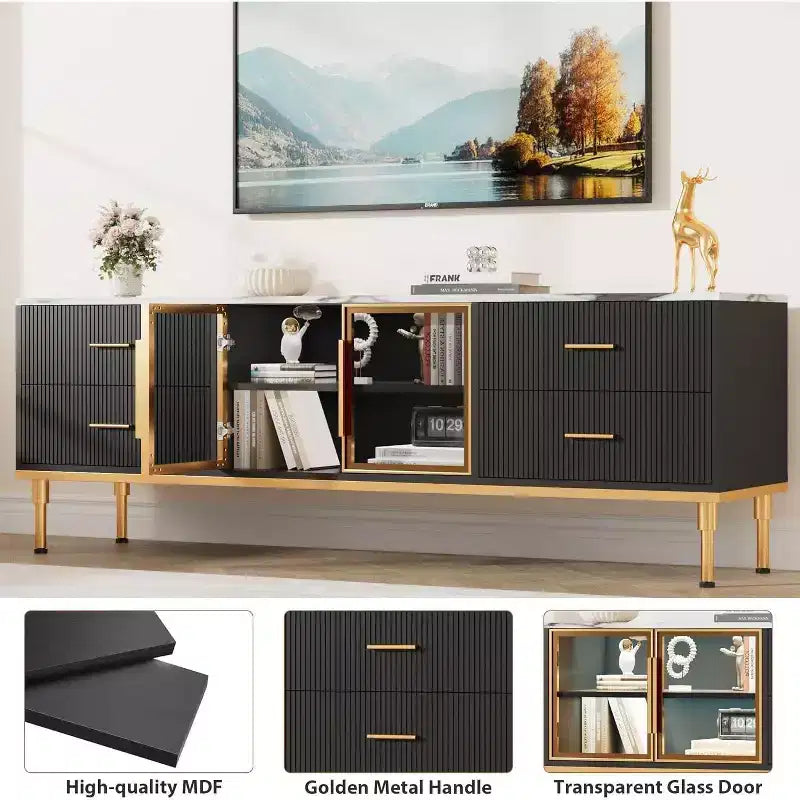 Meuble TV de 65 pouces avec lumières LED, console moderne avec 4 tiroirs, étagères et portes en verre pour téléviseurs de 55 à 75 pouces