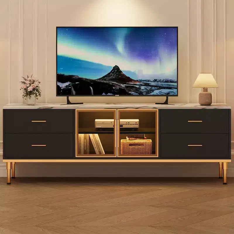 Meuble TV de 65 pouces avec lumières LED, console moderne avec 4 tiroirs, étagères et portes en verre pour téléviseurs de 55 à 75 pouces