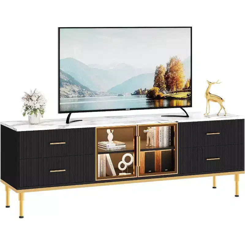 Acekool 65 Inch TV Stand with LED Lights, Modern Console Table with 4 Drawers, Shelves & Glass Doors for 55-75 Inch TVs