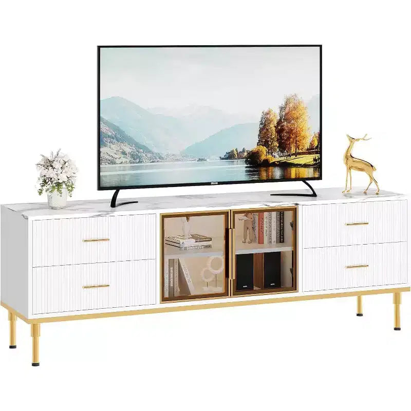 Meuble TV de 65 pouces avec lumières LED, console moderne avec 4 tiroirs, étagères et portes en verre pour téléviseurs de 55 à 75 pouces