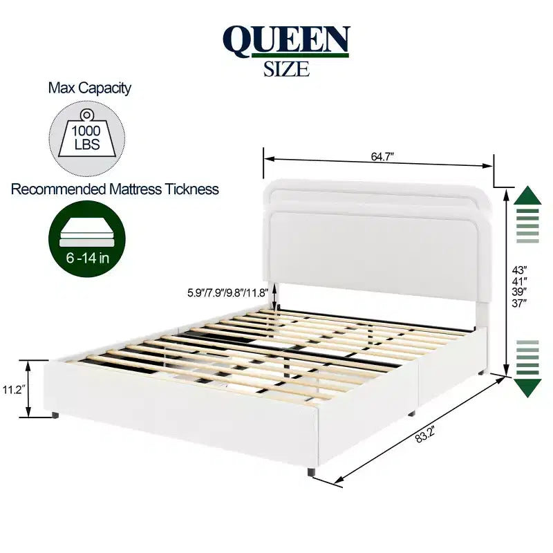 Lit queen size moderne rembourré en bouclé
