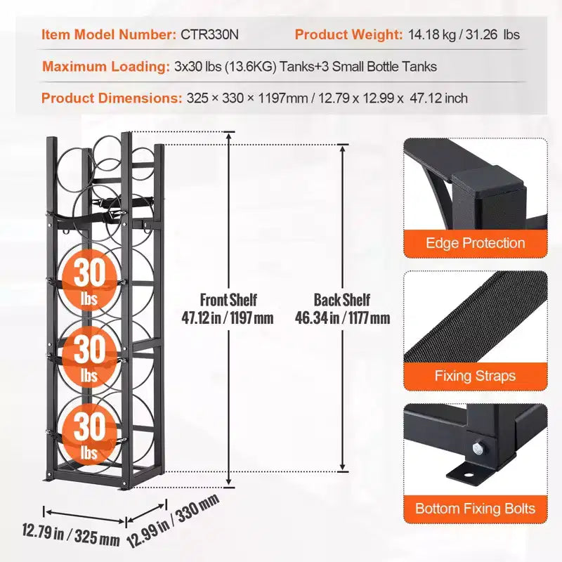 Support de réservoir de réfrigérant, avec 3 bouteilles de 13,6 kg et 3 autres petites bouteilles, support de réservoir de cylindre 32,5 x 33 x 119,7 cm