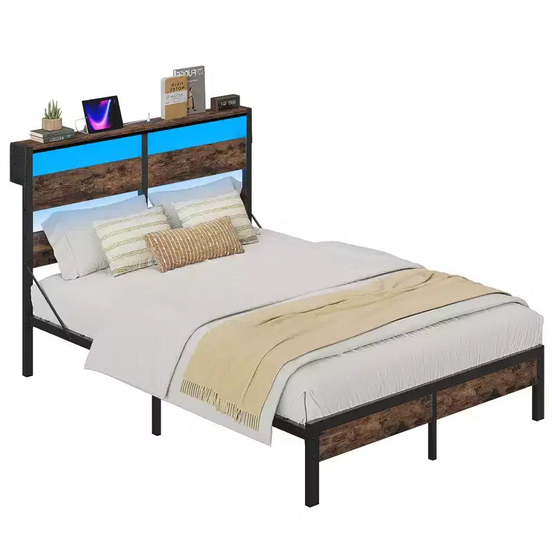 Cadre de Lit Jumeau avec Lumières LED et Station de Recharge - Tête de Lit Haute, Rangement Sous le Lit, Silencieux, Montage Facile