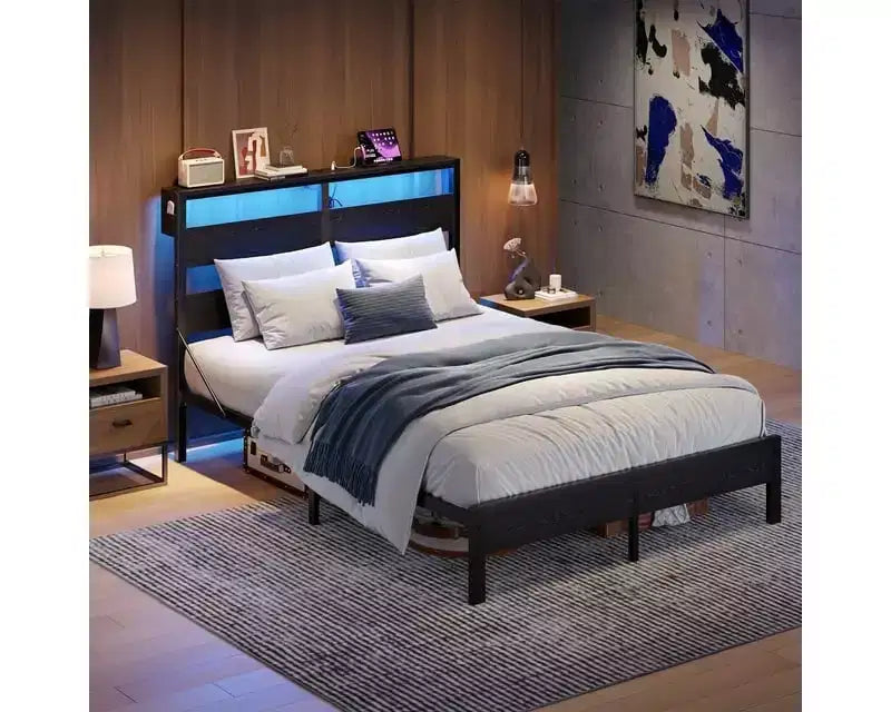 Cadre de Lit Jumeau avec Lumières LED et Station de Recharge - Tête de Lit Haute, Rangement Sous le Lit, Silencieux, Montage Facile