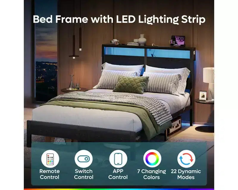 Cadre de Lit Jumeau avec Lumières LED et Station de Recharge - Tête de Lit Haute, Rangement Sous le Lit, Silencieux, Montage Facile