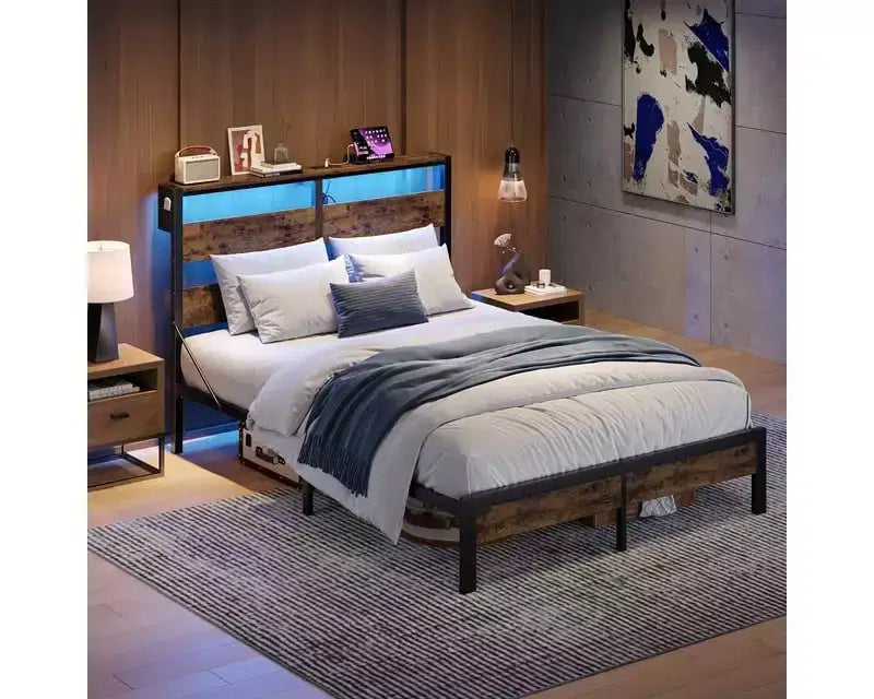 Cadre de Lit Jumeau avec Lumières LED et Station de Recharge - Tête de Lit Haute, Rangement Sous le Lit, Silencieux, Montage Facile