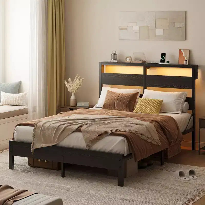 Cadre de Lit Jumeau avec Lumières LED et Station de Recharge - Tête de Lit Haute, Rangement Sous le Lit, Silencieux, Montage Facile