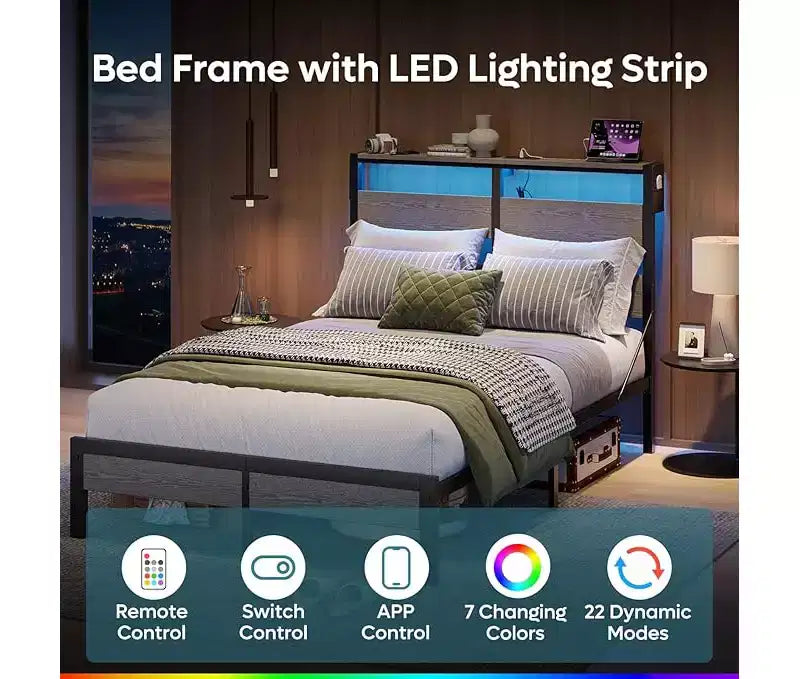 Cadre de Lit Jumeau avec Lumières LED et Station de Recharge - Tête de Lit Haute, Rangement Sous le Lit, Silencieux, Montage Facile