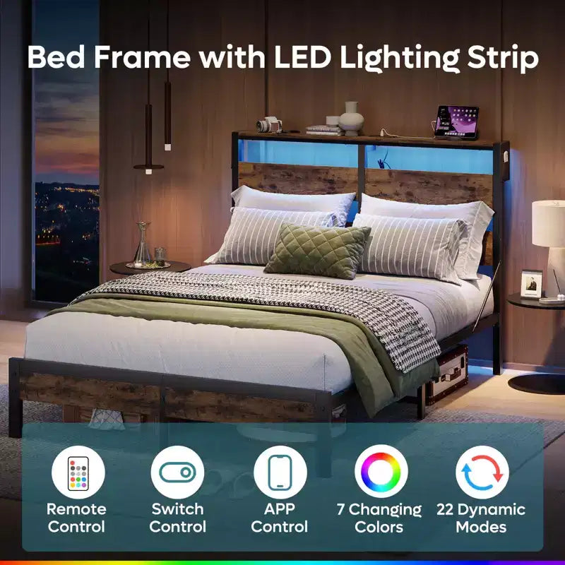 Cadre de Lit Jumeau avec Lumières LED et Station de Recharge - Tête de Lit Haute, Rangement Sous le Lit, Silencieux, Montage Facile