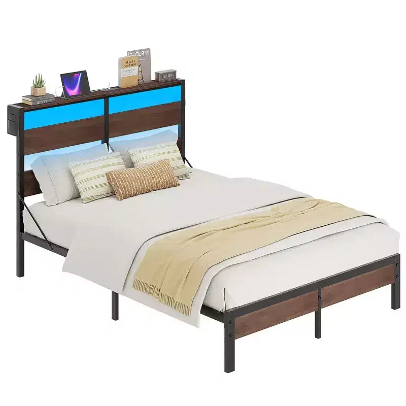 Bestier Twin Bed Frame with LED Lights & Charging Station - High Headboard, Under-Bed Storage, Noise-Free, Easy Assembly