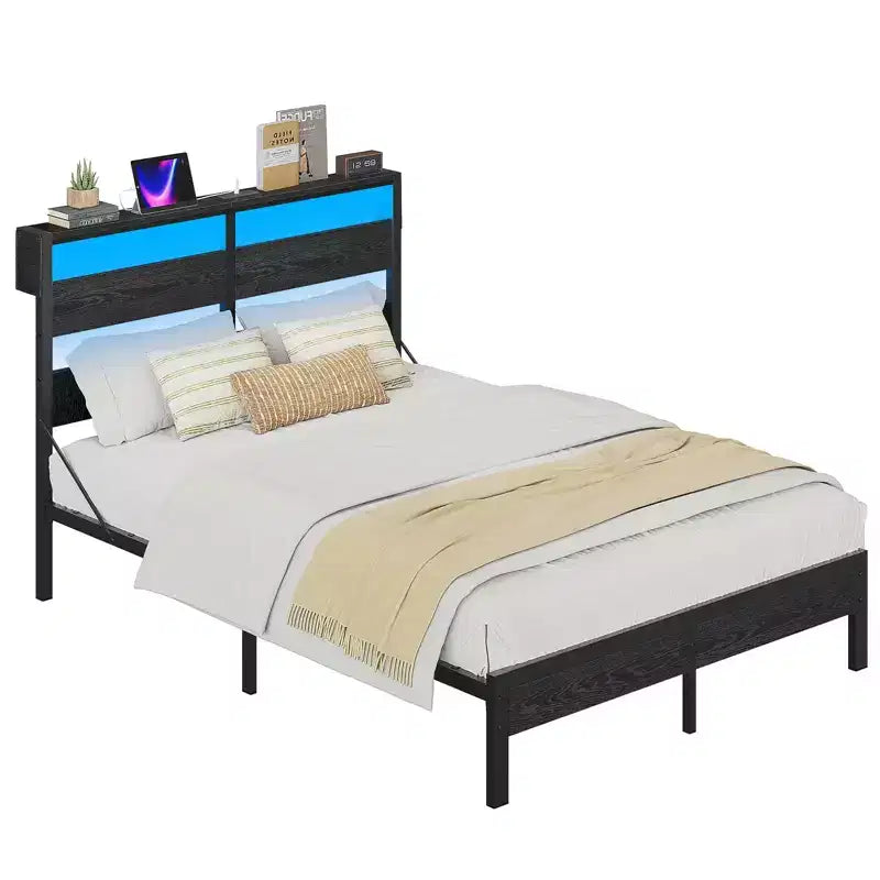 Cadre de Lit Jumeau avec Lumières LED et Station de Recharge - Tête de Lit Haute, Rangement Sous le Lit, Silencieux, Montage Facile