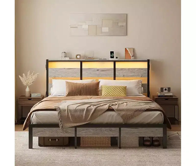 Cadre de Lit Jumeau avec Lumières LED et Station de Recharge - Tête de Lit Haute, Rangement Sous le Lit, Silencieux, Montage Facile
