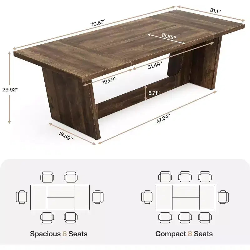 Table de salle à manger en bois de 180 cm, rectangulaire, style ferme, pour 6 à 8 personnes avec piédestal solide