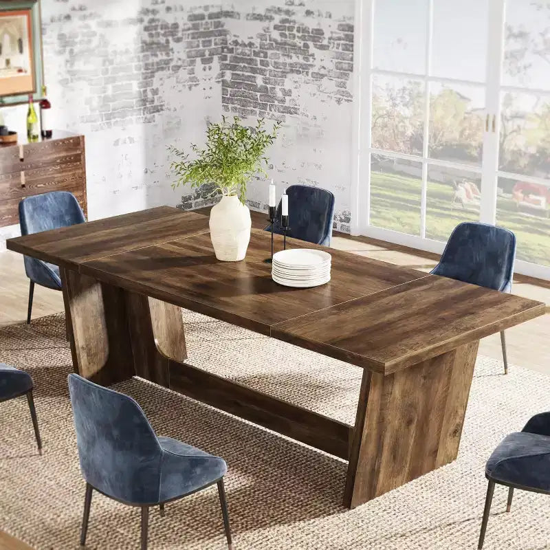 Table de salle à manger en bois de 180 cm, rectangulaire, style ferme, pour 6 à 8 personnes avec piédestal solide