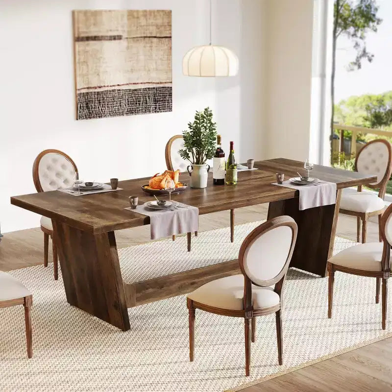 Table de salle à manger en bois de 180 cm, rectangulaire, style ferme, pour 6 à 8 personnes avec piédestal solide