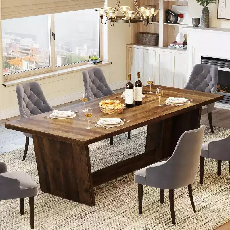 Table de salle à manger en bois de 180 cm, rectangulaire, style ferme, pour 6 à 8 personnes avec piédestal solide