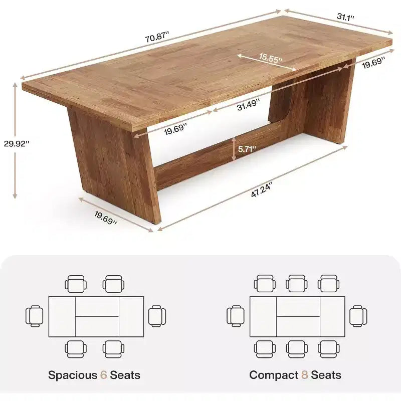 Table de salle à manger en bois de 180 cm, rectangulaire, style ferme, pour 6 à 8 personnes avec piédestal solide