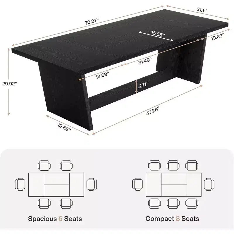 Table de salle à manger en bois de 180 cm, rectangulaire, style ferme, pour 6 à 8 personnes avec piédestal solide