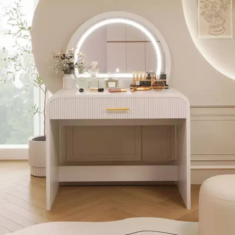 Okak 39 Vanity Table with Drawers and Lights, Modern Vanity Table Set with Mirror Touch Screen Lighted Mirror for Bedroom, White