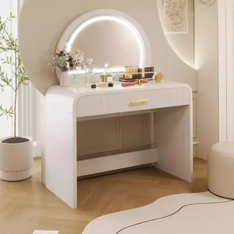39 Table de vanité avec tiroirs et lumières, Ensemble de coiffeuse moderne avec miroir tactile lumineux pour chambre à coucher, Blanc