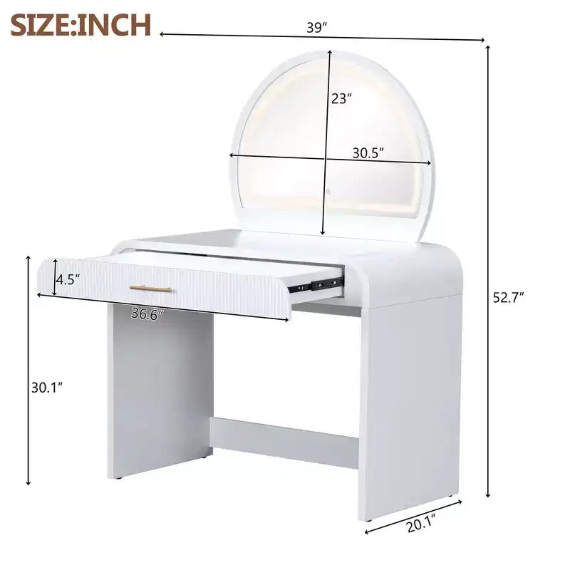 39 Table de vanité avec tiroirs et lumières, Ensemble de coiffeuse moderne avec miroir tactile lumineux pour chambre à coucher, Blanc