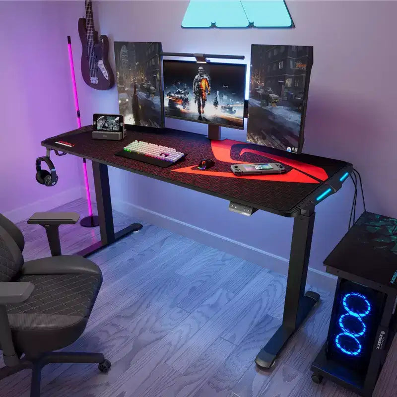 Bureau de gaming debout avec éclairage RGB, 165 cm L x 70 cm P x 74-123 cm H