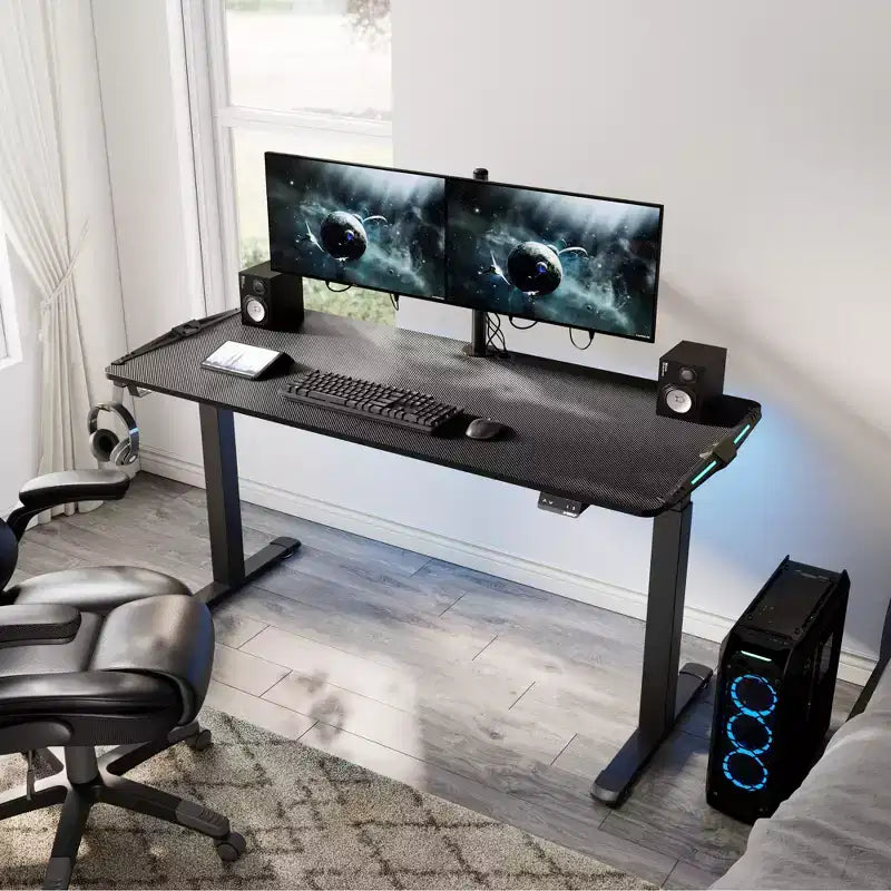 Bureau de gaming debout avec éclairage RGB, 165 cm L x 70 cm P x 74-123 cm H