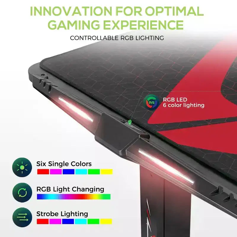 Bureau de gaming debout avec éclairage RGB, 165 cm L x 70 cm P x 74-123 cm H