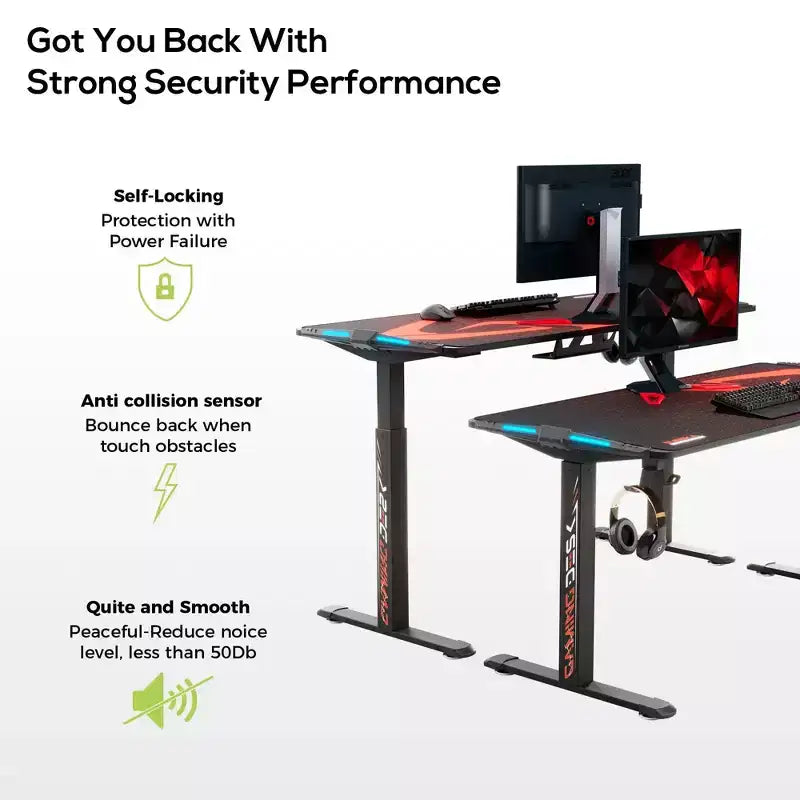 Bureau de gaming debout avec éclairage RGB, 165 cm L x 70 cm P x 74-123 cm H