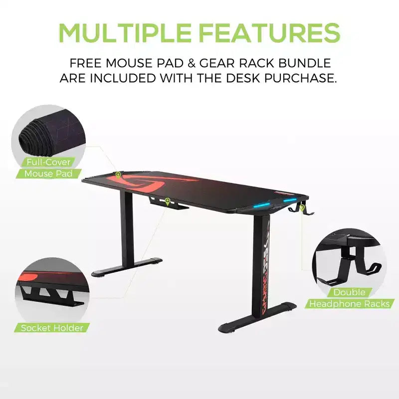 Bureau de gaming debout avec éclairage RGB, 165 cm L x 70 cm P x 74-123 cm H