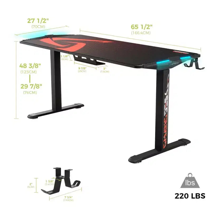 Bureau de gaming debout avec éclairage RGB, 165 cm L x 70 cm P x 74-123 cm H