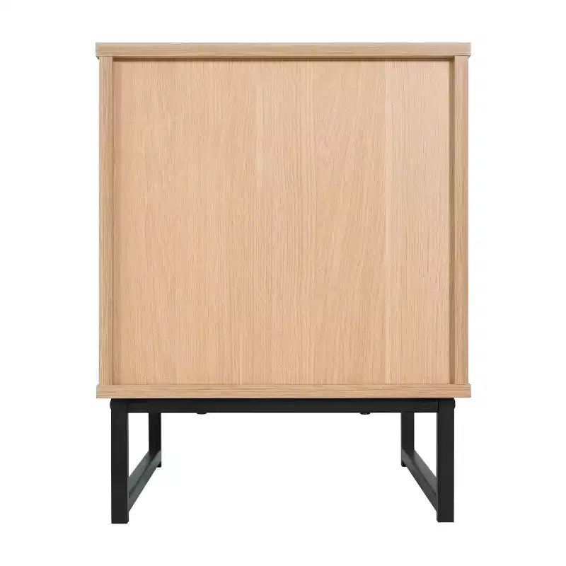 Table de chevet ou table d'appoint Mid-Century Modern avec tiroir en rotin, étagère supérieure ouverte et pieds en métal