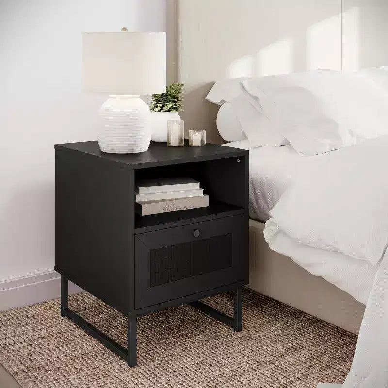 Flash Furniture Malaki Mid-Century Modern Nightstand or End Table with Rattan Accented Drawer, Open Upper Shelf, and Metal Legs
