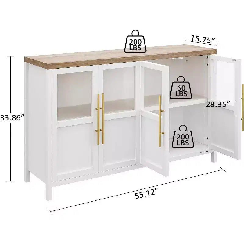 Buffet de rangement de ferme 55" avec 4 portes vitrées et étagères, organiseur de cuisine et salle à manger fin en blanc éclatant