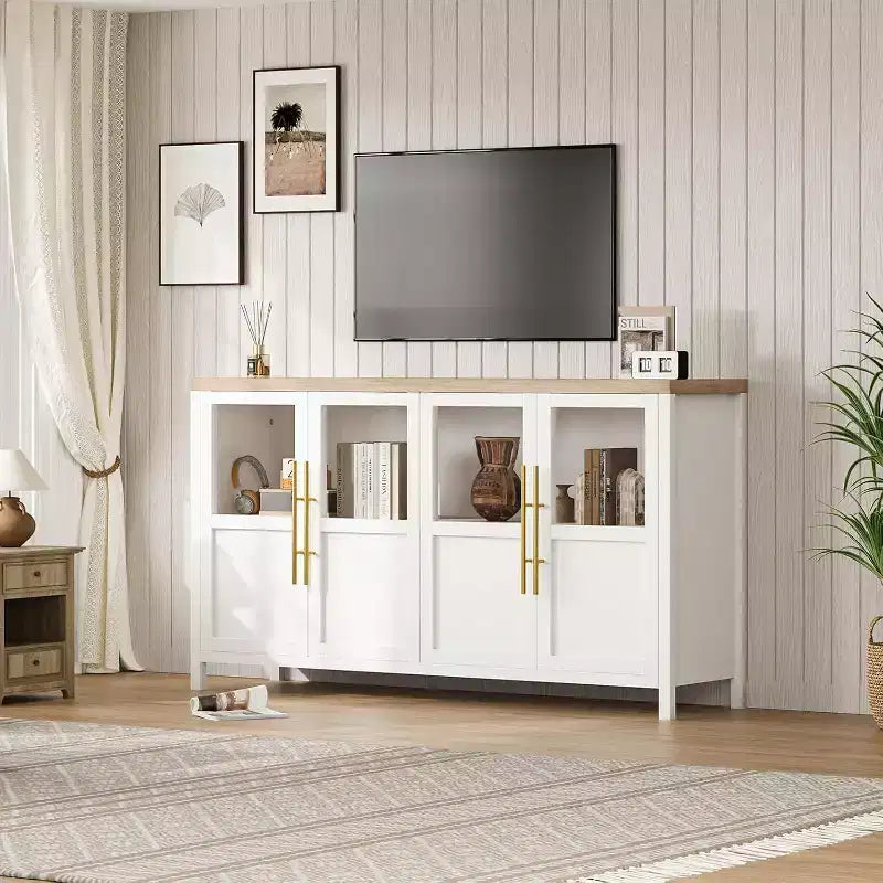 Buffet de rangement de ferme 55" avec 4 portes vitrées et étagères, organiseur de cuisine et salle à manger fin en blanc éclatant