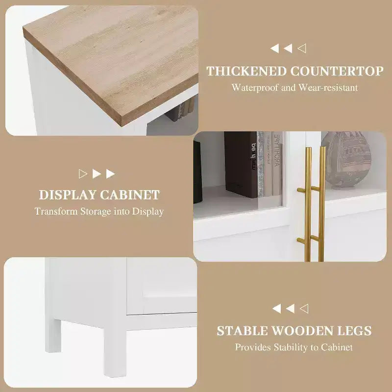 Buffet de rangement de ferme 55" avec 4 portes vitrées et étagères, organiseur de cuisine et salle à manger fin en blanc éclatant