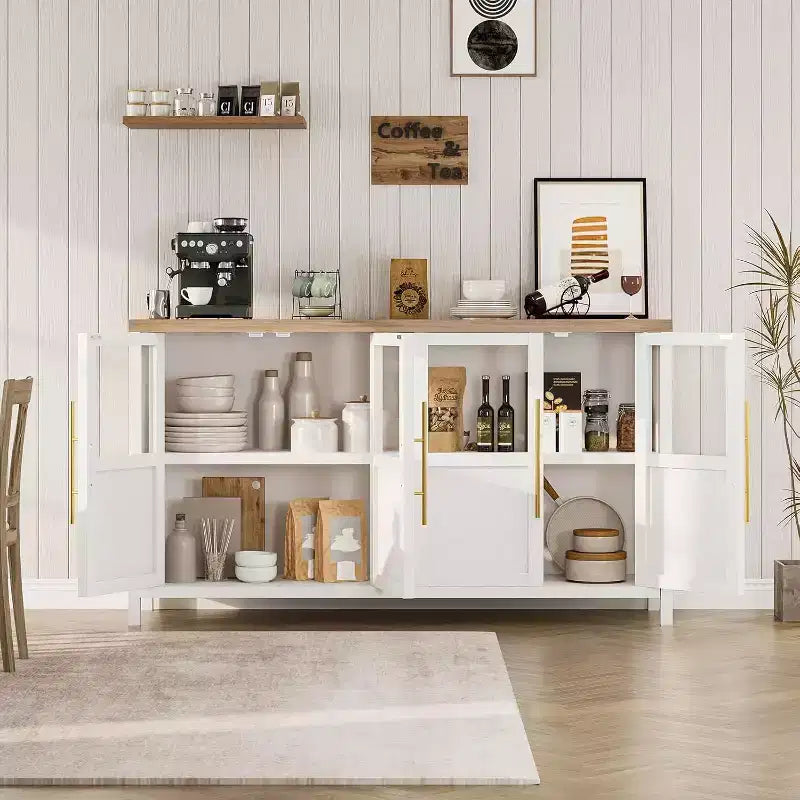Buffet de rangement de ferme 55" avec 4 portes vitrées et étagères, organiseur de cuisine et salle à manger fin en blanc éclatant