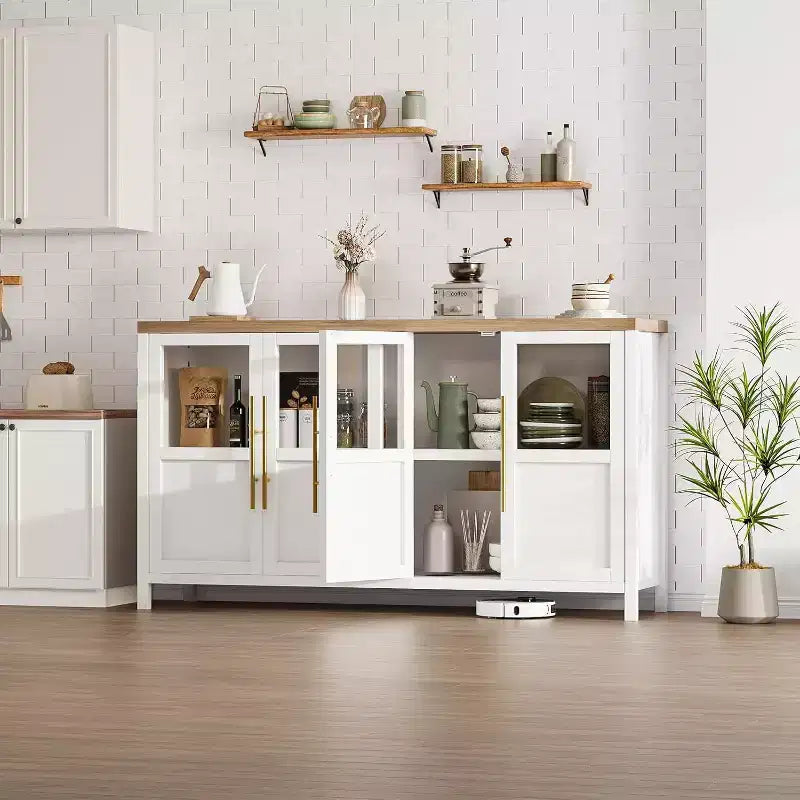 Buffet de rangement de ferme 55" avec 4 portes vitrées et étagères, organiseur de cuisine et salle à manger fin en blanc éclatant